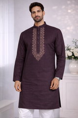 AL-KABIR Pakistani Style Kashmiri Work Wine Full Kurta Pyjama - DN02
