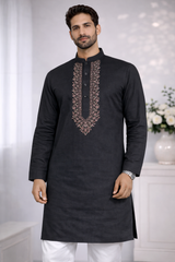 AL-KABIR Pakistani Style Kashmiri Work Black Full Kurta Pyjama - DN02