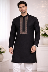 AL-KABIR Pakistani Style Kashmiri Work Black Full Kurta Pyjama - DN05
