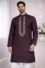 AL-KABIR Pakistani Style Kashmiri Work Wine Full Kurta Pyjama - DN01