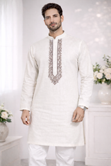 AL-KABIR Pakistani Style Kashmiri Work White Full Kurta Pyjama - DN01