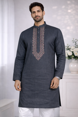 AL-KABIR Pakistani Style Kashmiri Work Dark Blue Grey Full Kurta Pyjama - DN02