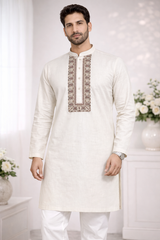 AL-KABIR Pakistani Style Kashmiri Work Off White Full Kurta Pyjama - DN05