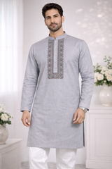 AL-KABIR Pakistani Style Kashmiri Work Light Sky Blue Full Kurta Pyjama - DN05