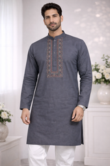 AL-KABIR Pakistani Style Kashmiri Work Drak Grey Colour Full Kurta Pyjama - DN05