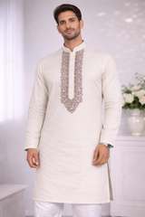 AL-KABIR Pakistani Style Kashmiri Work Off White Full Kurta Pyjama - DN02
