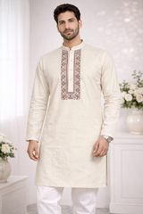 AL-KABIR Pakistani Style Kashmiri Work Cream Full Kurta Pyjama - DN05