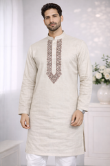 AL-KABIR Pakistani Style Kashmiri Work Cream Full Kurta Pyjama - DN01