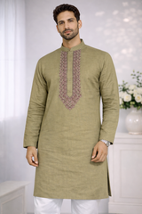 AL-KABIR Pakistani Style Kashmiri Work Basic Green Full Kurta Pyjama - DN02