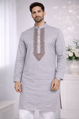 AL-KABIR Pakistani Style Kashmiri Work Light Blue Grey Full Kurta Pyjama - DN02