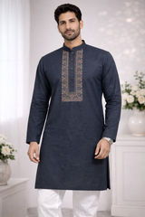 AL-KABIR Pakistani Style Kashmiri Work Blue Grey Full Kurta Pyjama - DN05