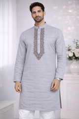 AL-KABIR Pakistani Style Kashmiri Work Light Blue Grey Full Kurta Pyjama - DN01