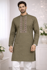 AL-KABIR Pakistani Style Kashmiri Work Olive Green Full Kurta Pyjama - DN05