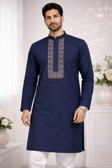 AL-KABIR Pakistani Style Kashmiri Work Navy Blue Full Kurta Pyjama - DN05