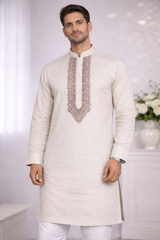 AL-KABIR Pakistani Style Kashmiri Work Cream Full Kurta Pyjama - DN02