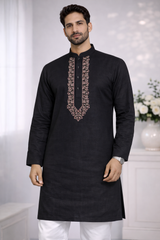 AL-KABIR Pakistani Style Kashmiri Work Black Full Kurta Pyjama - DN01