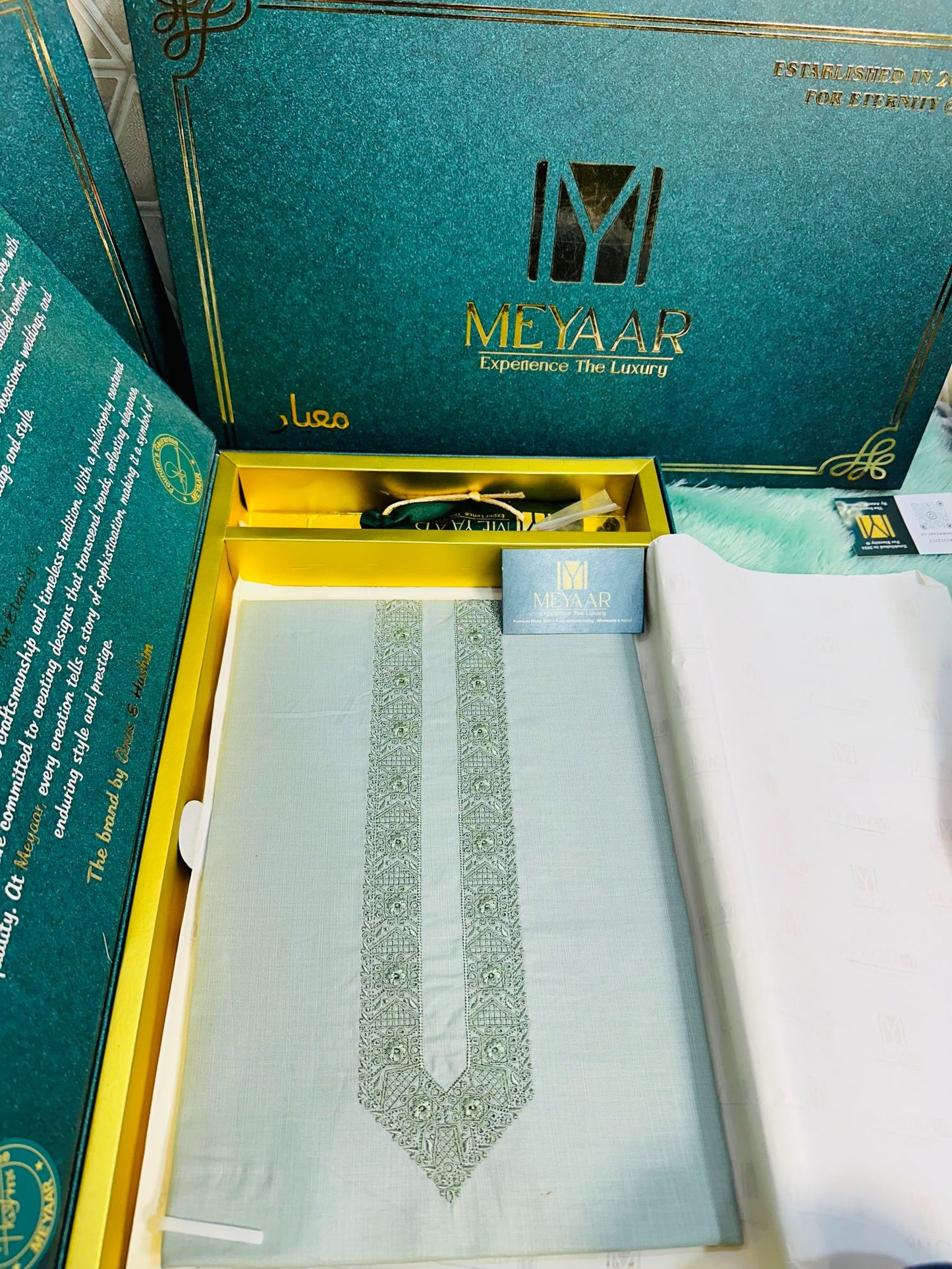 Sea Green Work Mizaan Volume 3 - Pure Pakistani Delicate Neck Work Men's Cotton Kurta Pyjama