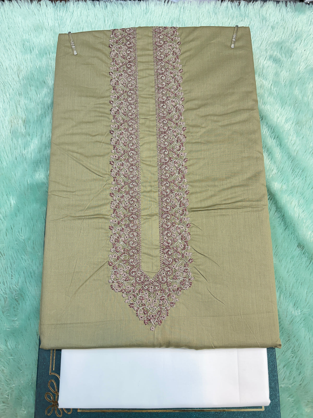 AL-KABIR Pakistani Style Kashmiri Work Basic Green Full Kurta Pyjama - DN02