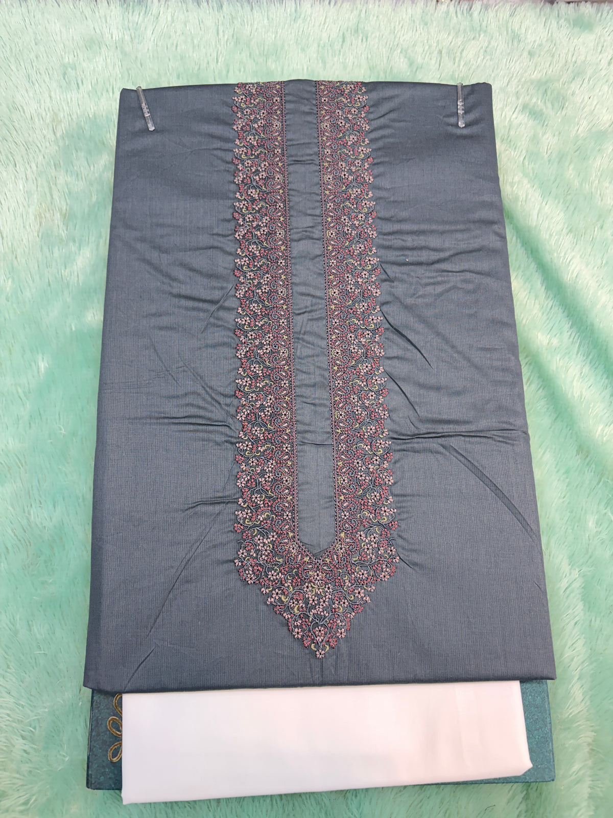 AL-KABIR Pakistani Style Kashmiri Work Dark Blue Grey Full Kurta Pyjama - DN02
