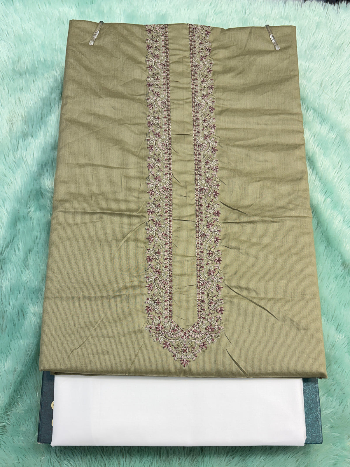 AL-KABIR Pakistani Style Kashmiri Work Olive Green Full Kurta Pyjama - DN03