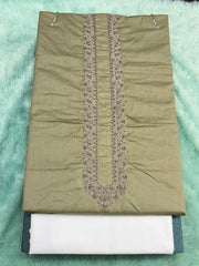 AL-KABIR Pakistani Style Kashmiri Work Olive Green Full Kurta Pyjama - DN03