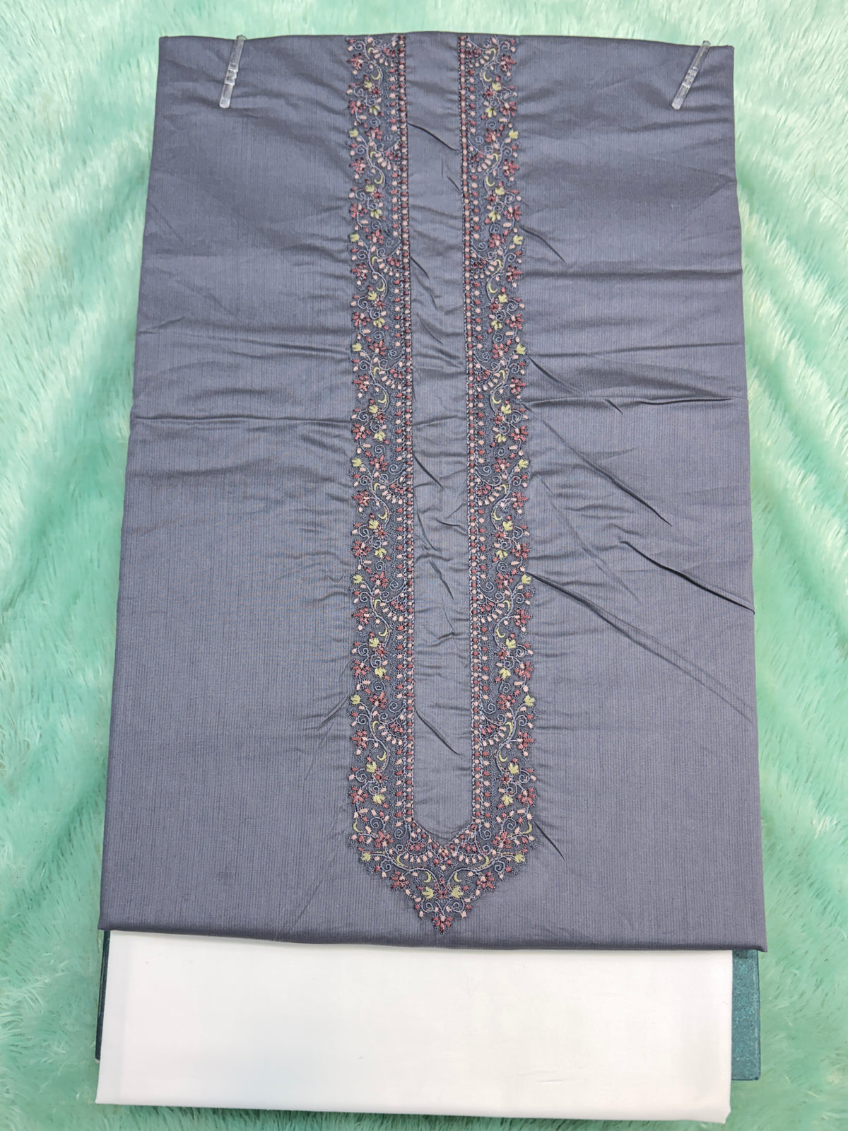 AL-KABIR Pakistani Style Kashmiri Work Blue Grey Full Kurta Pyjama - DN03